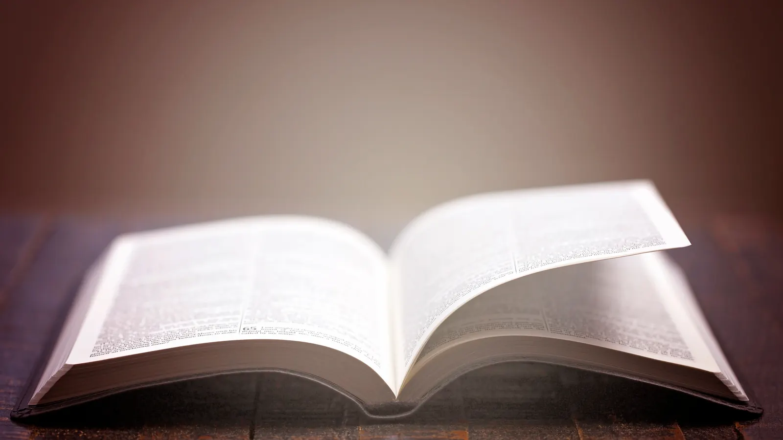 An open book with thin printed pages resting on a dark wooden table, lit warmly from above