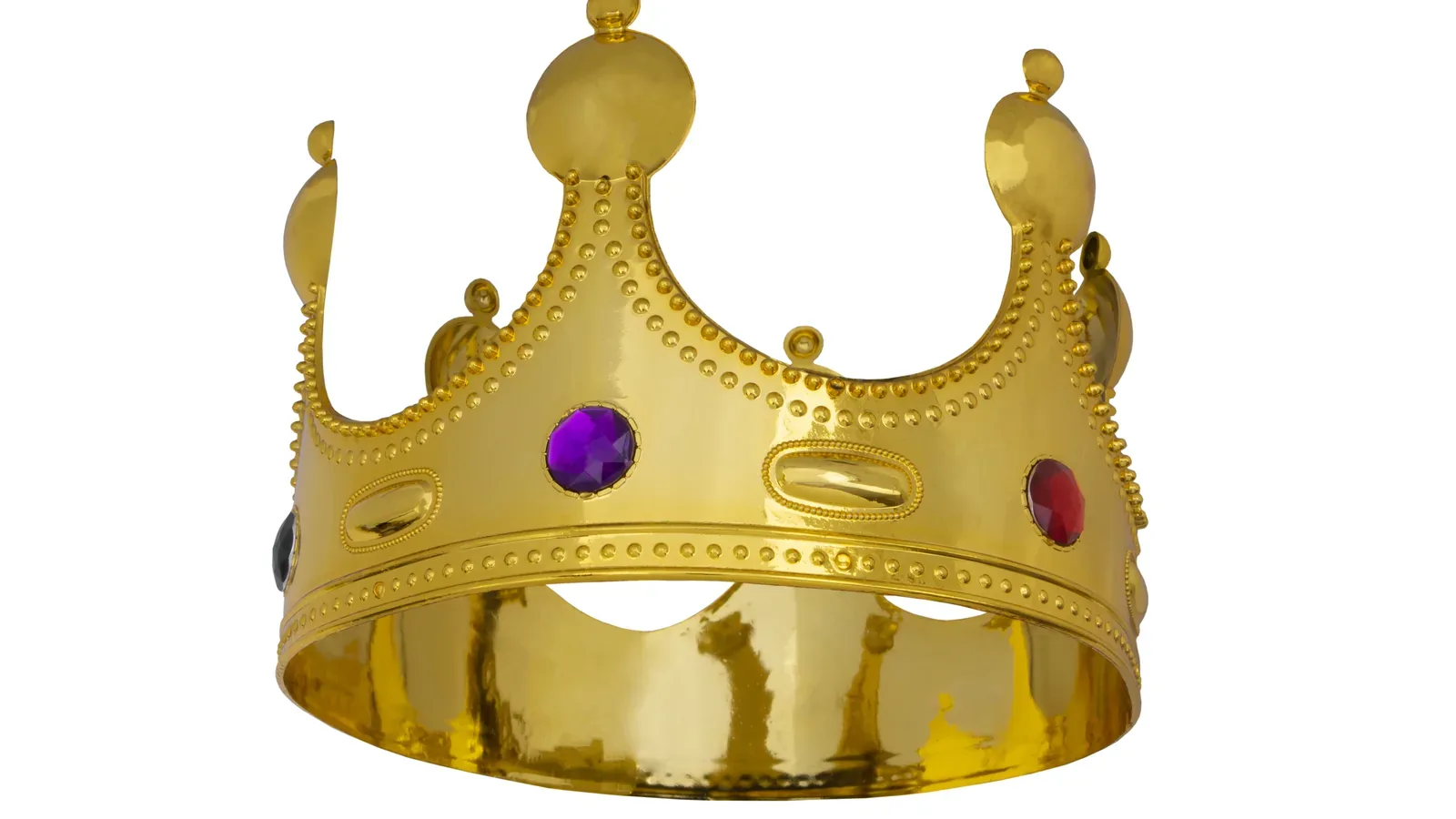 A gold crown set with purple and red jewels, on a plain white background
