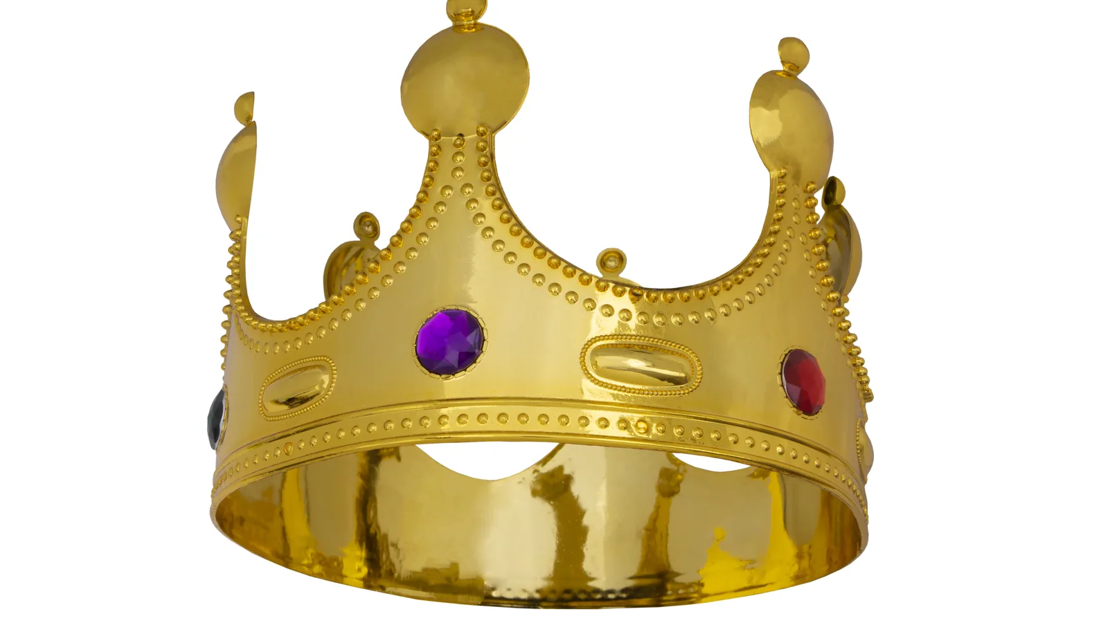 A gold crown set with purple and red jewels, on a plain white background