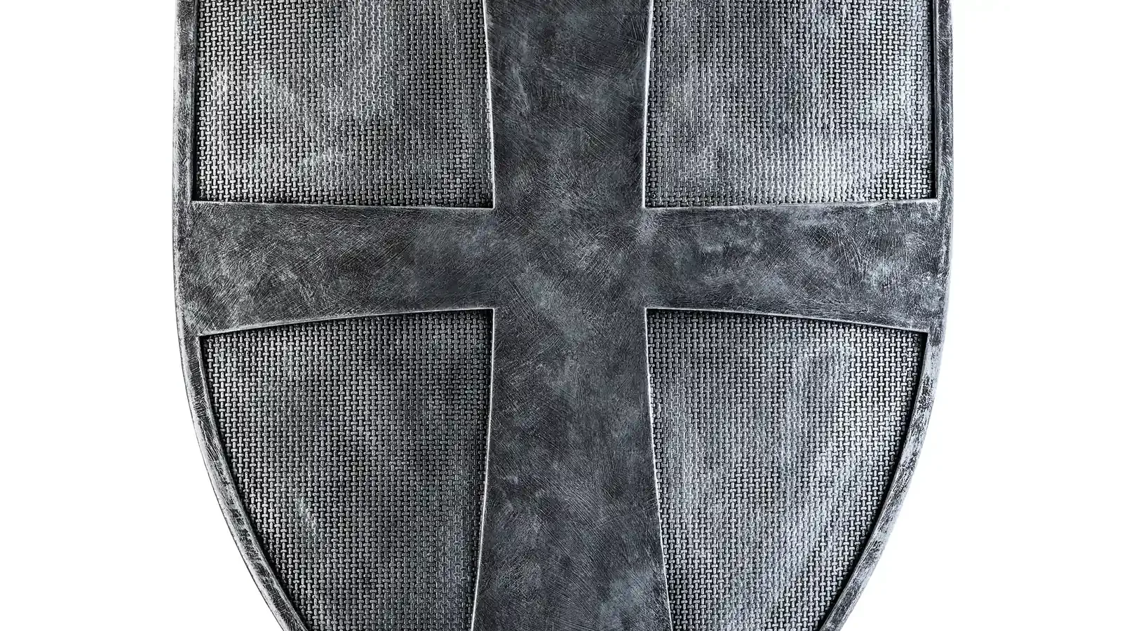 An old medieval shield with a worn metal boss, photographed on a plain white background
