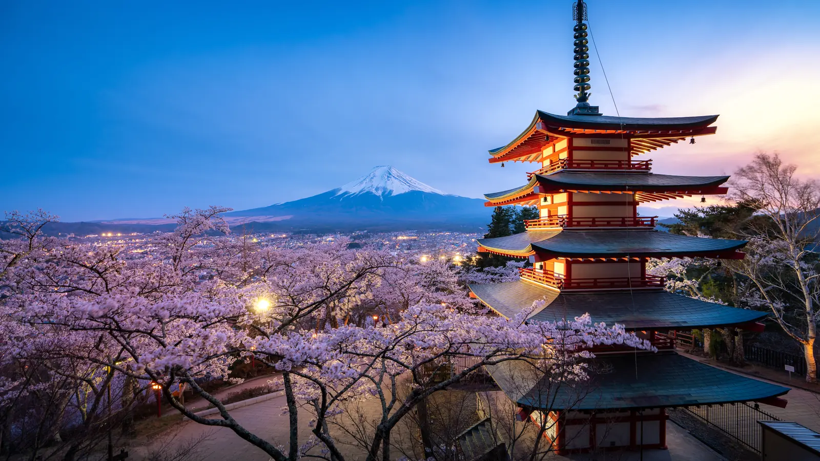 A red pagoda among cherry blossom at dusk, with the snow-capped peak of Mount Fuji behind