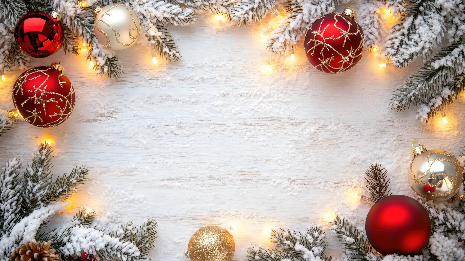 Red and gold Christmas ornaments with snowy pine branches and fairy lights on white wood
