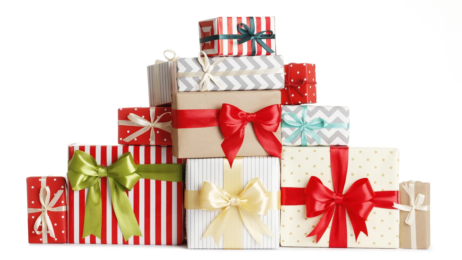 Wrapped Christmas gift boxes with ribbon on a white background