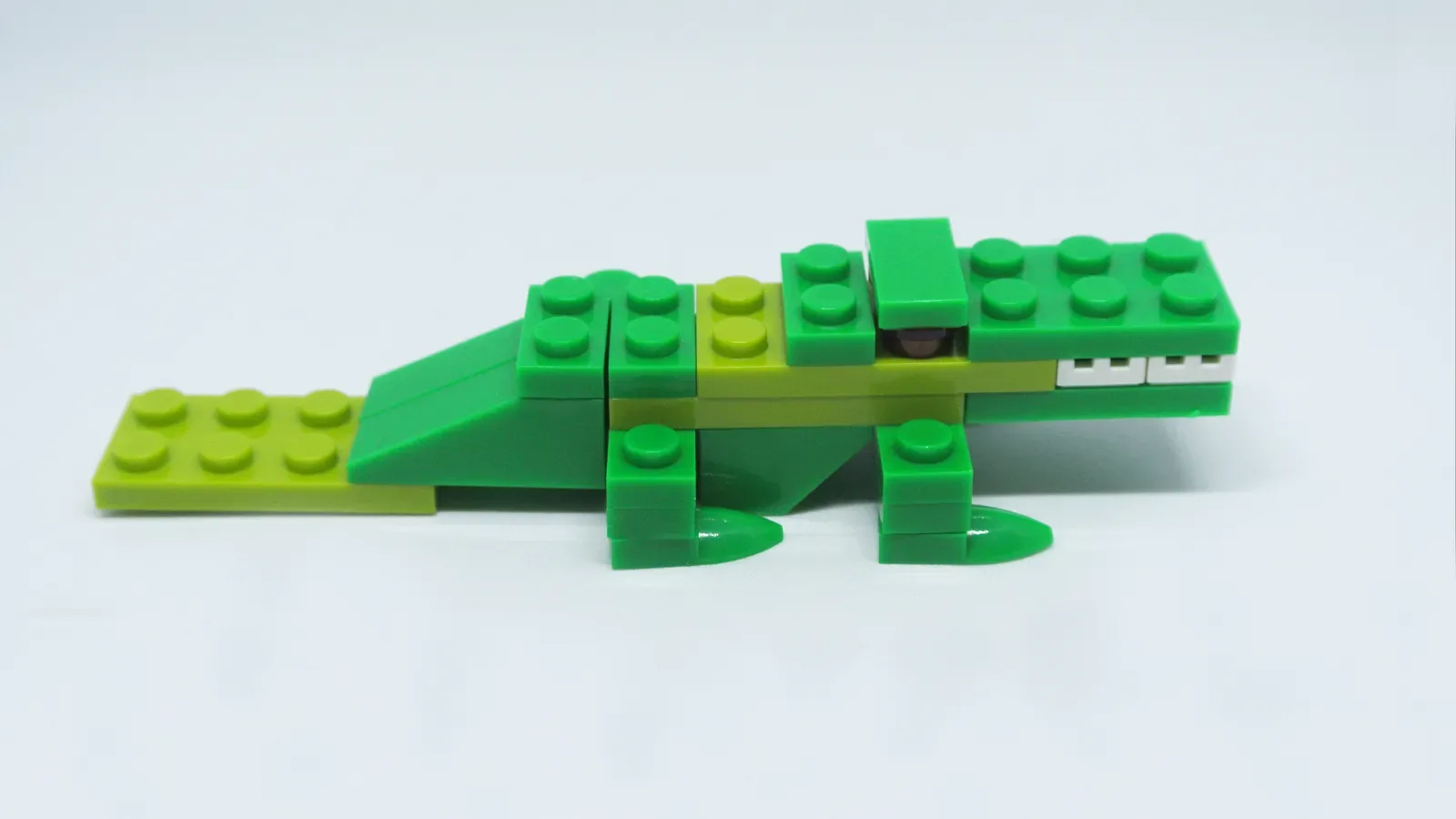 Small toy building bricks assembled into a green crocodile model on a white background